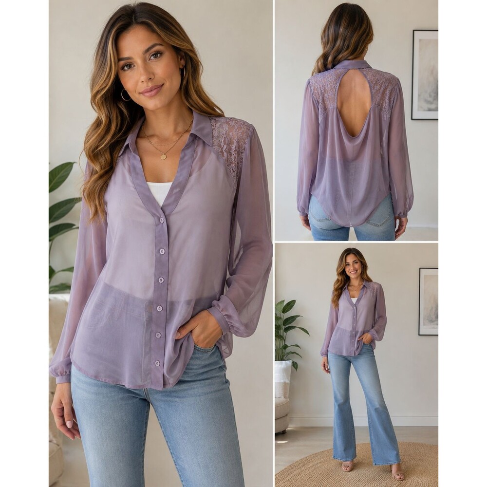 Studio Y Lavender Sheer Blouse Large Lace Open Back Button Down Romantic Boho